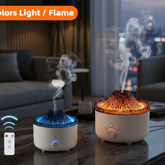 Two volcano-themed humidifiers on a table with 'Volcano Humidifier' text and 'Creative' branding.
